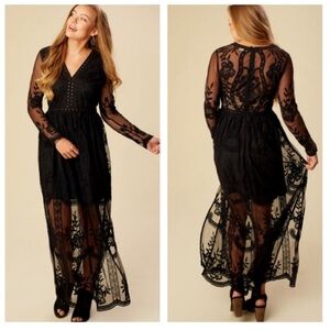 Altar'd State Black Sheer Embroidered Long Sleeve Maxi Dress